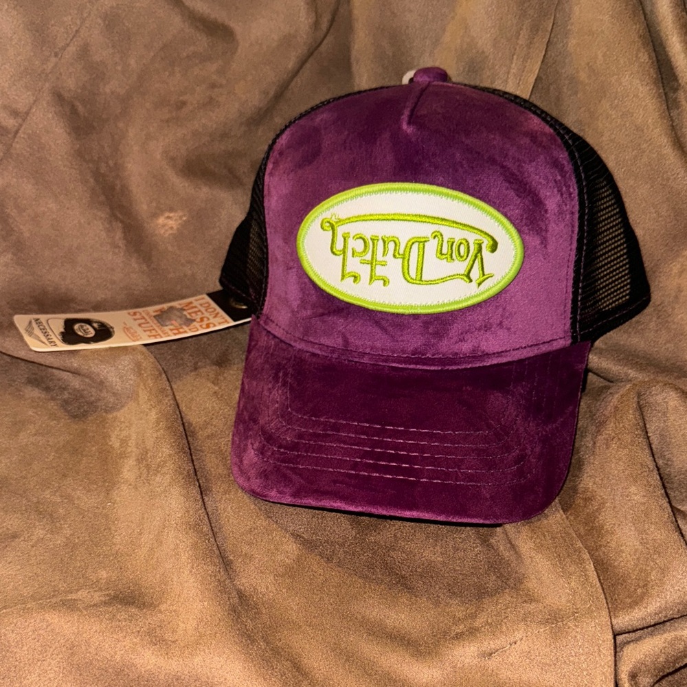 Purple and Black Trucker Hat with Green Logo